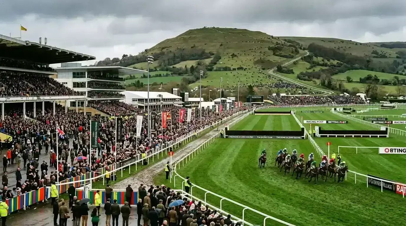 Cheltenham racecourse panorama with packed grandstands during the Festival meeting