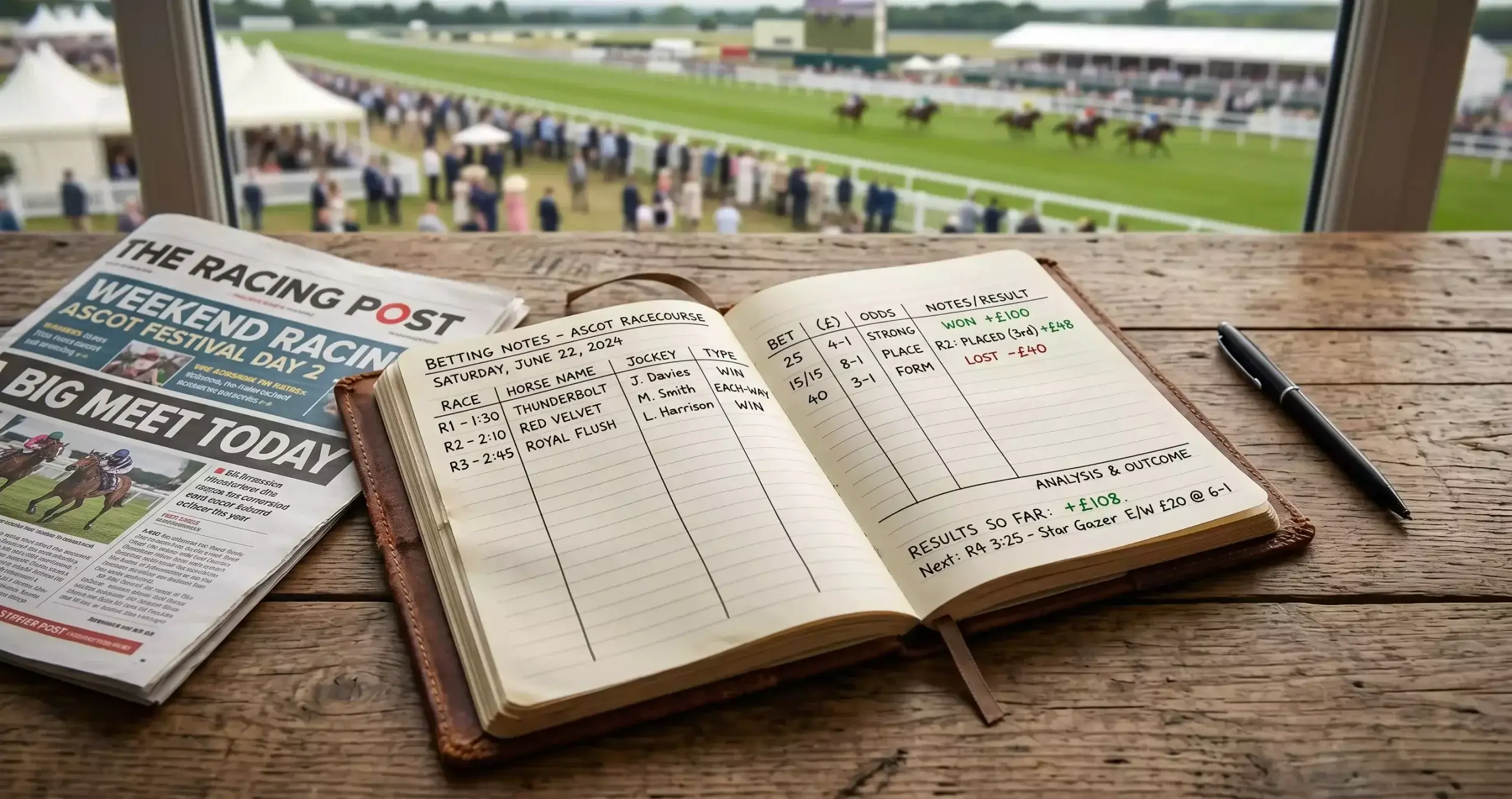 Horse racing bankroll management with a notebook and pen beside a UK racecourse betting ring