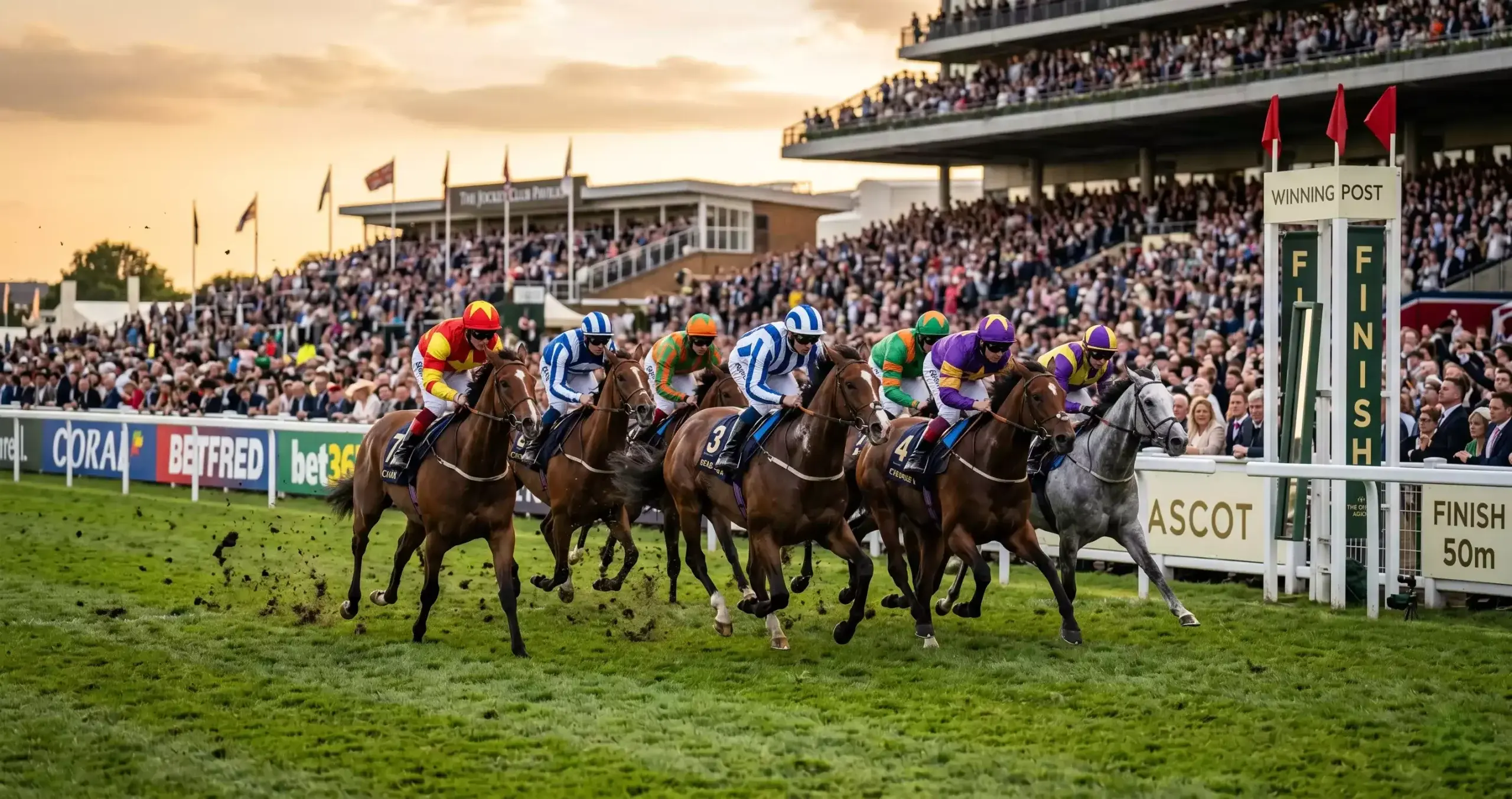 Horse racing betting exchange at a busy UK racecourse with horses approaching the finish line