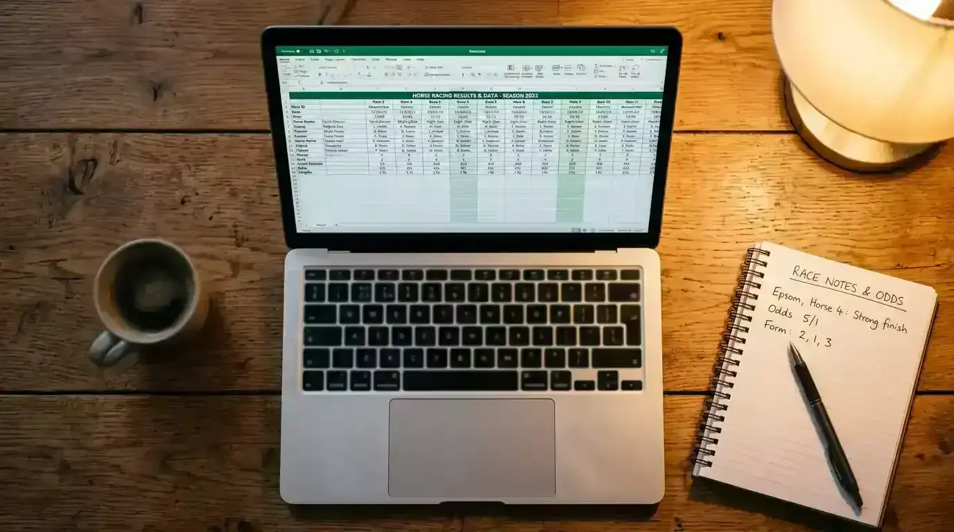 Laptop showing a detailed spreadsheet of horse racing betting system results and data