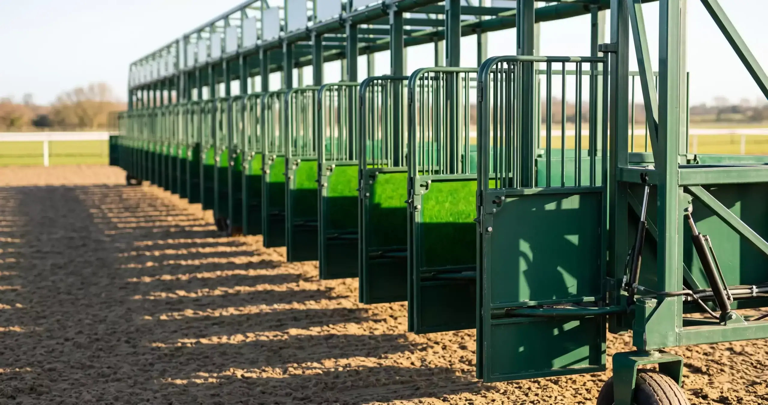 Close-up of numbered starting stalls at a UK flat racecourse on a bright day