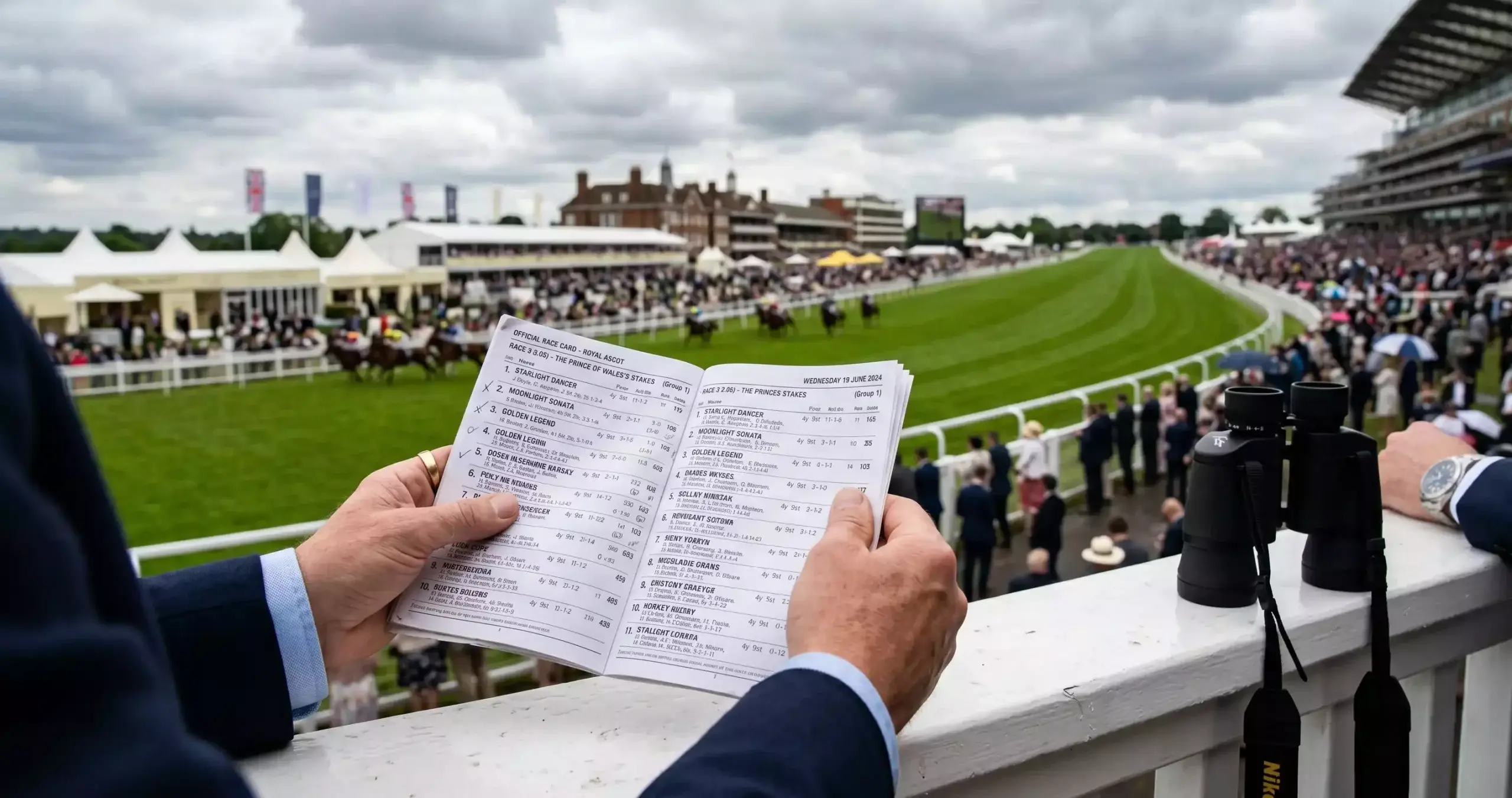Horse racing form analysis with a race card and binoculars at a British racecourse