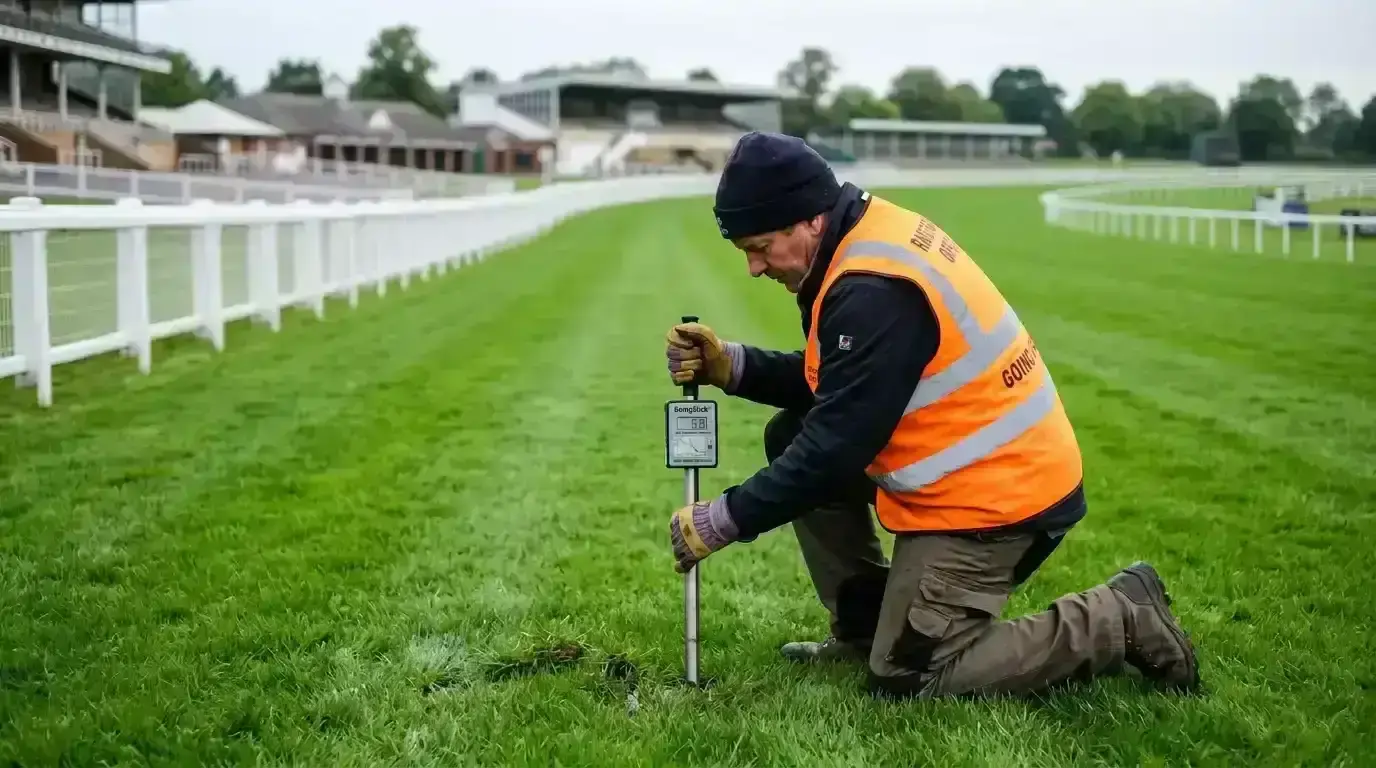 Groundsman using a GoingStick to measure turf conditions at a UK racecourse