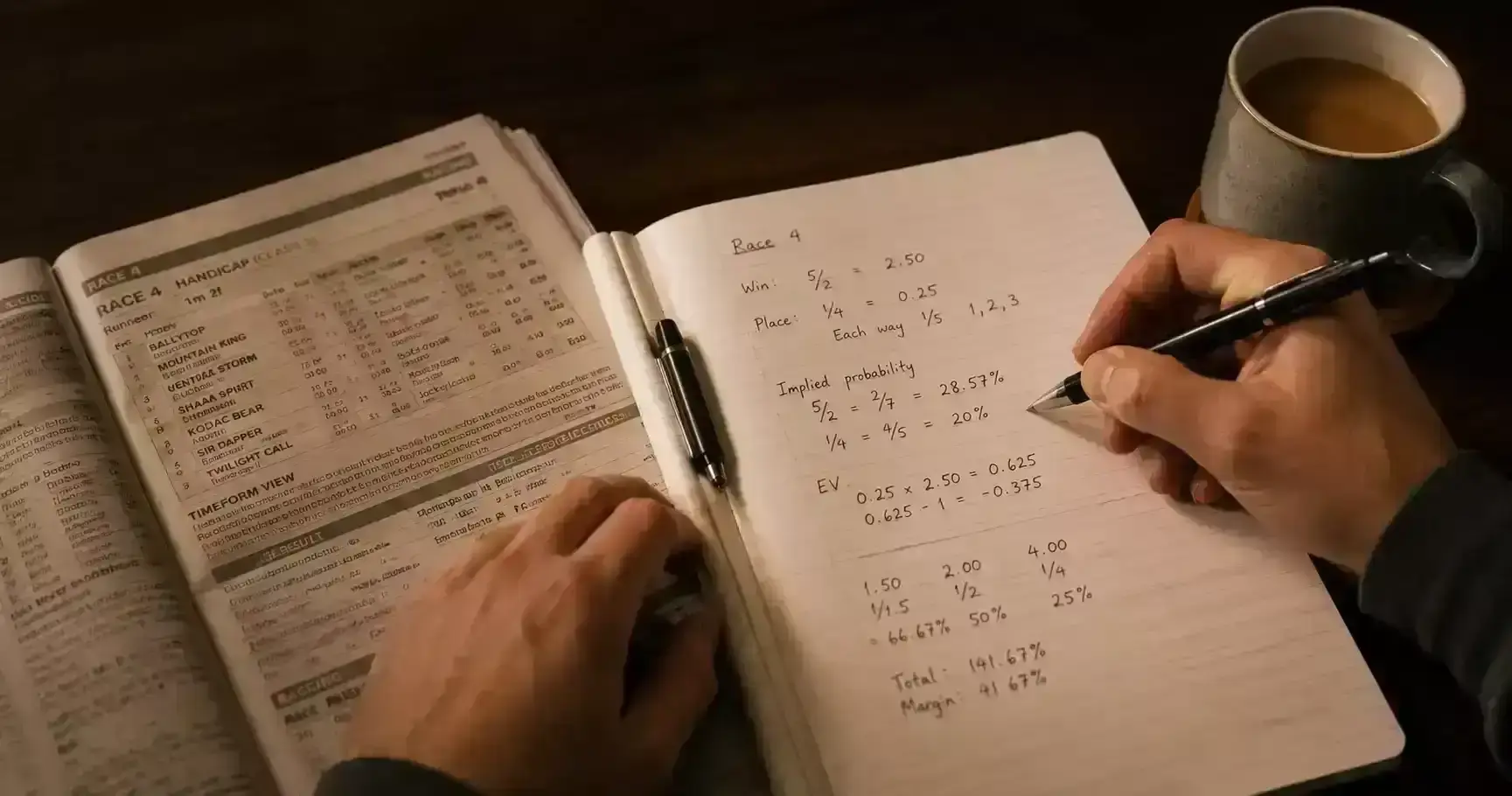 Close-up of a hand writing odds calculations in a notebook beside a horse racing form guide
