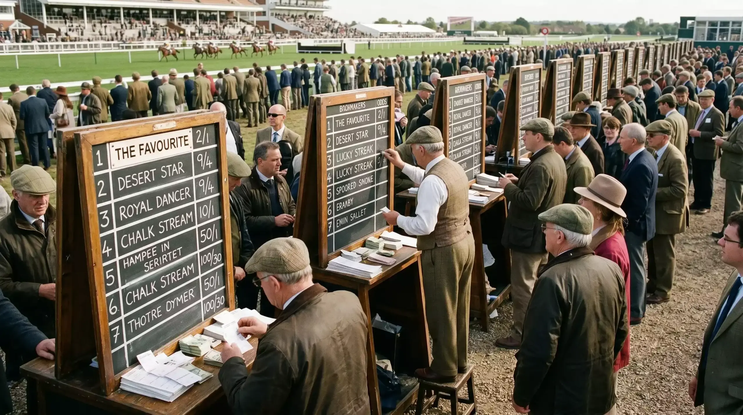 Betting ring at a UK racecourse with bookmaker boards showing changing odds