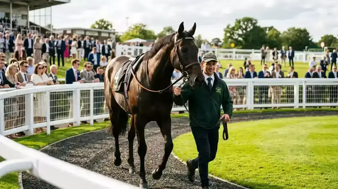 Horse being led around the parade ring before a UK race