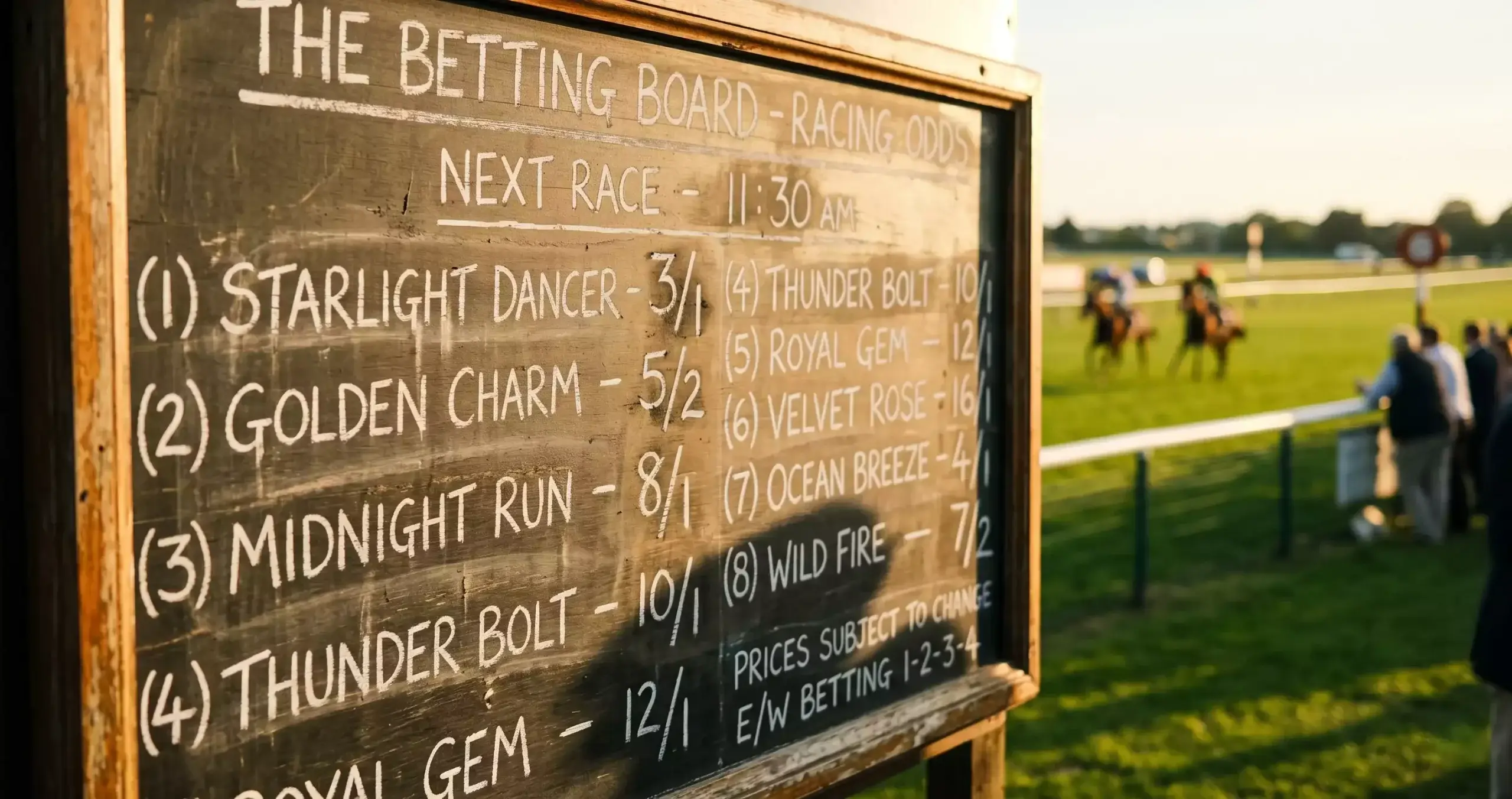 Horse racing value betting odds board at a UK racecourse with morning sunlight