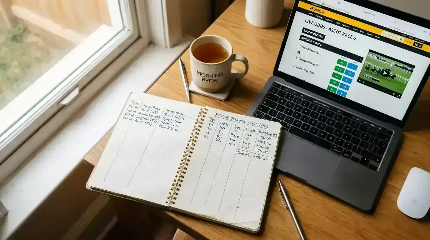 Notebook with handwritten betting records next to a laptop displaying racing form data