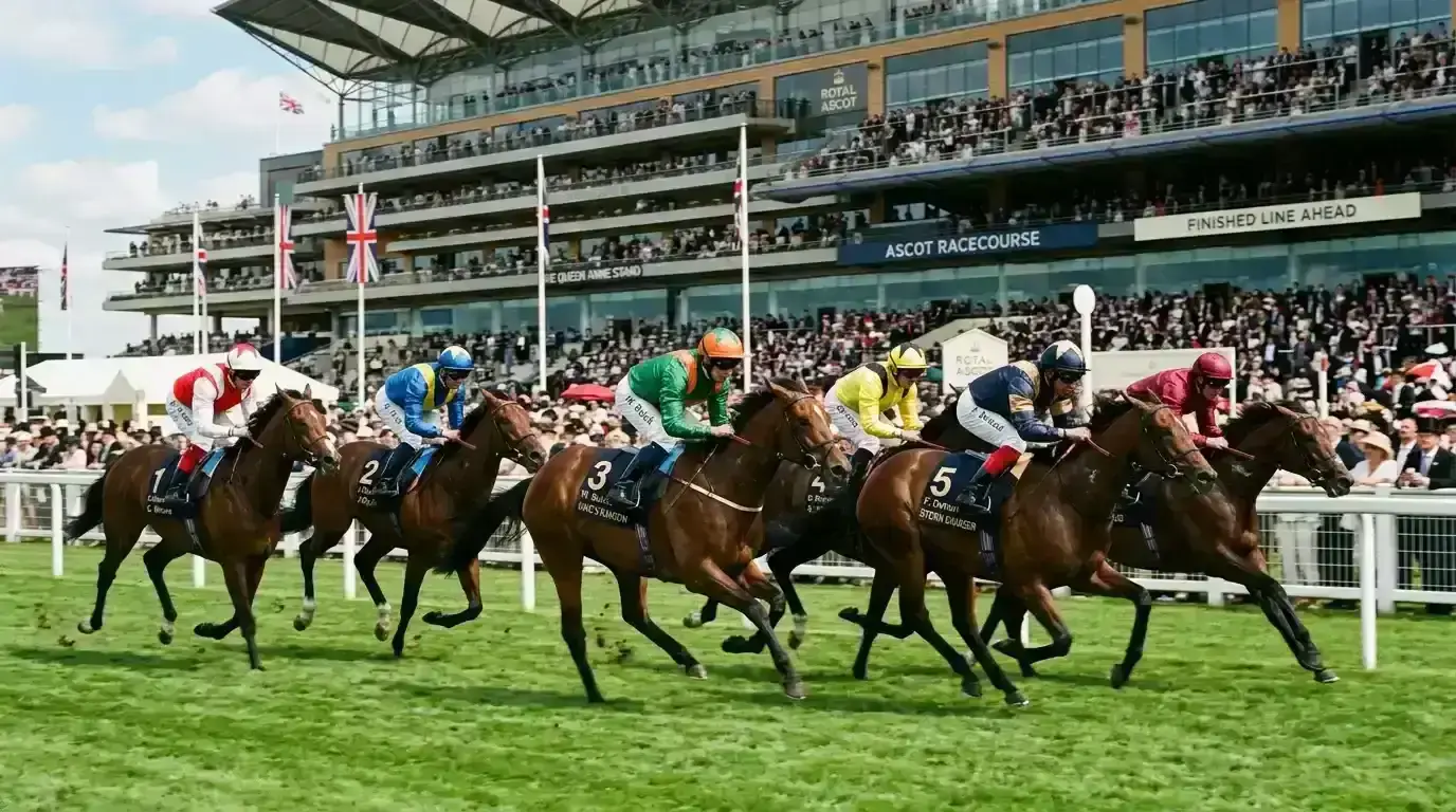 Thoroughbred runners racing down the straight course at Royal Ascot with grandstands behind