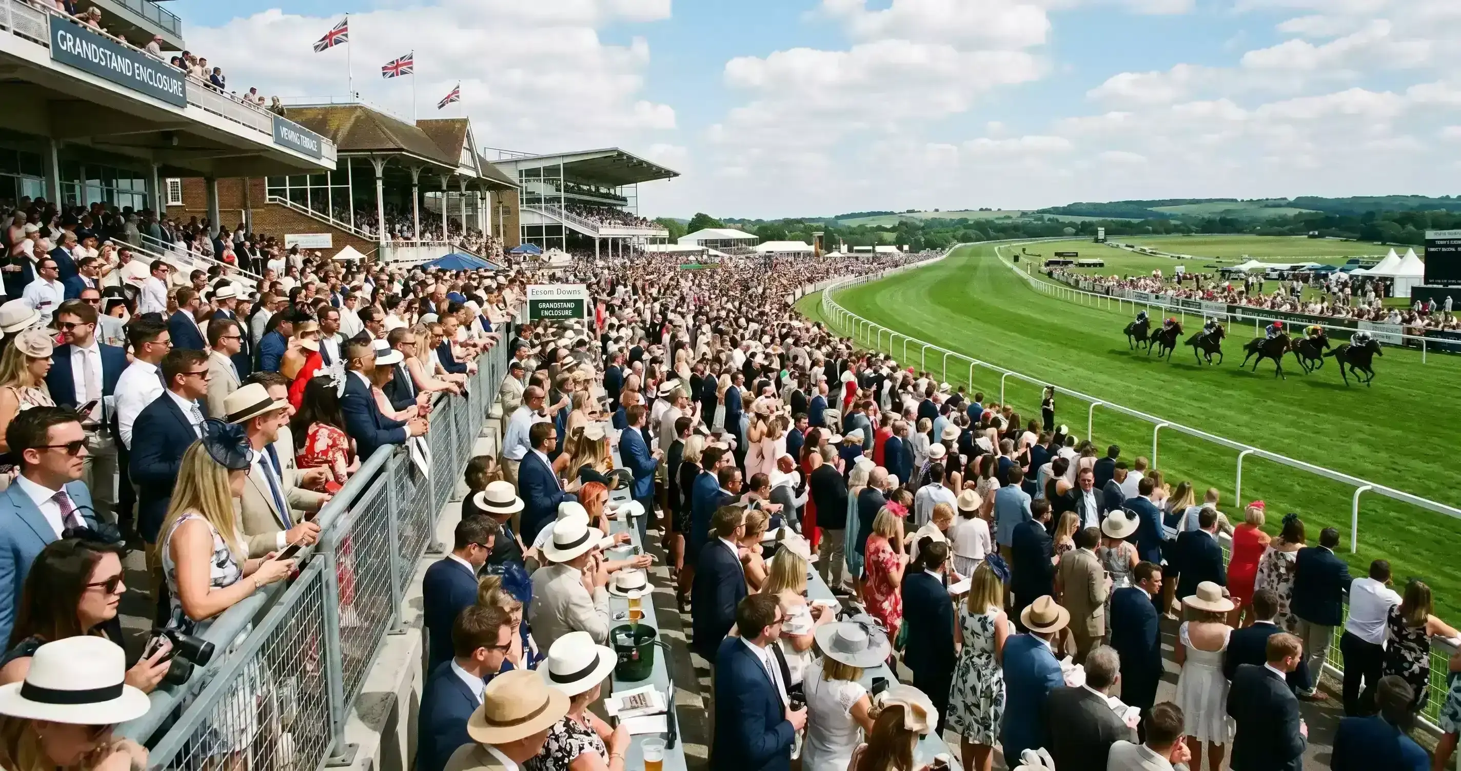 Crowded grandstand at a British racecourse on a sunny afternoon with horses racing on the turf track